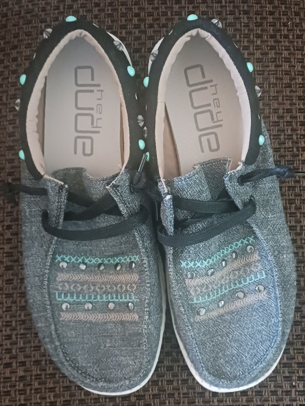 Hey Dude Wendy Annex Rodeo Black Canvas with Teal Embroidery and Beads